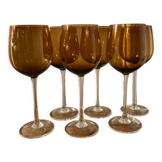 6 amber stemmed glasses