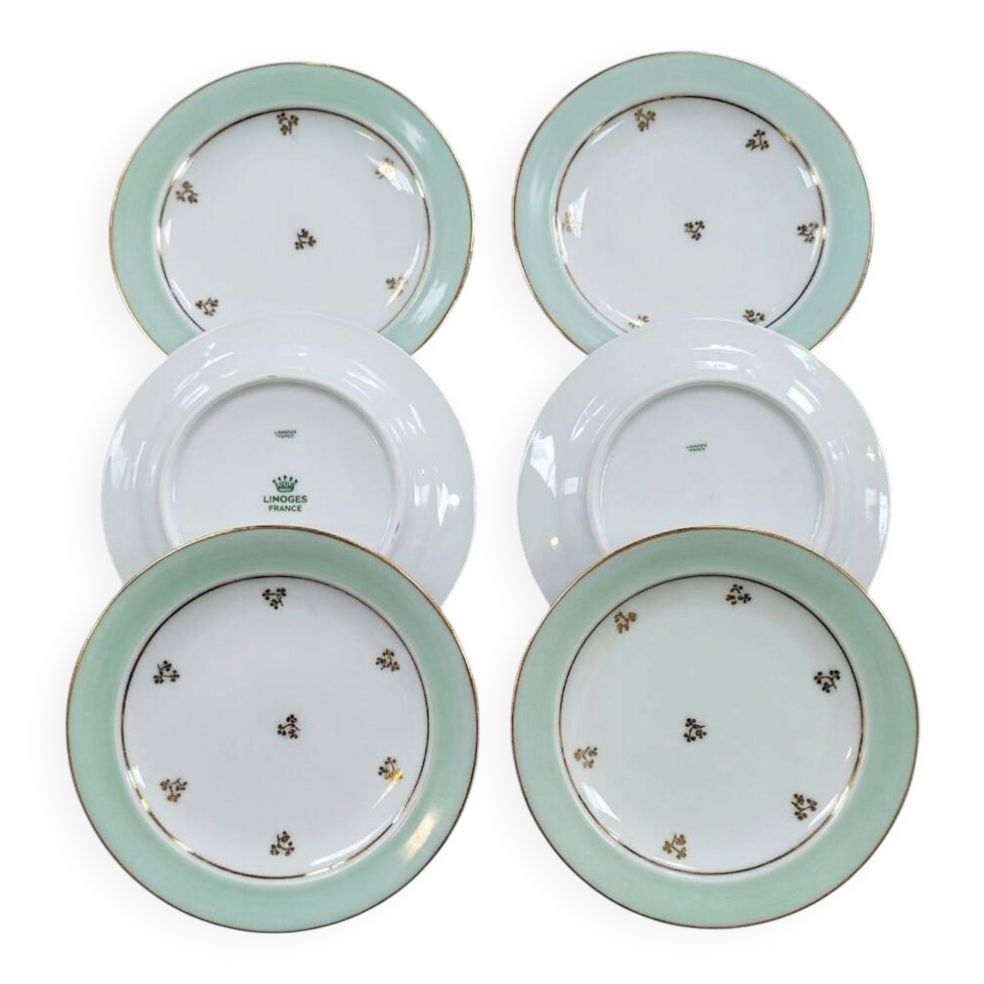Set of 6 dessert plates in Limoges porcelain - Water green