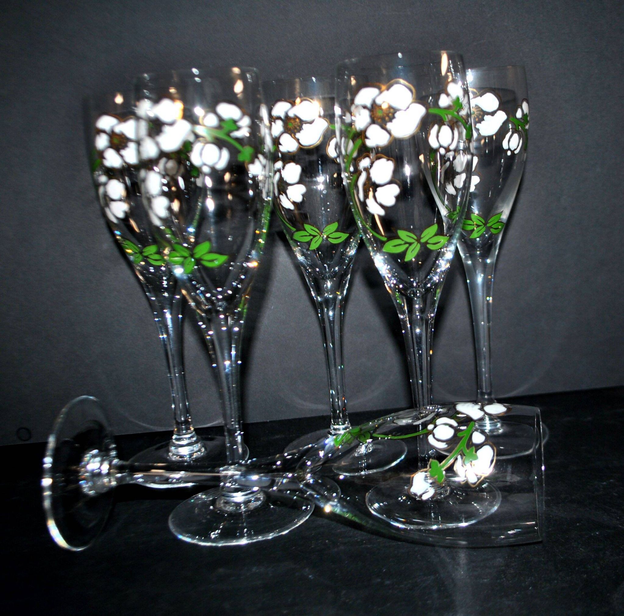Perrier Jouet set of 6 Anemone Cuvée Belle Epoque champagne flutes in Gallé enamelled crystal