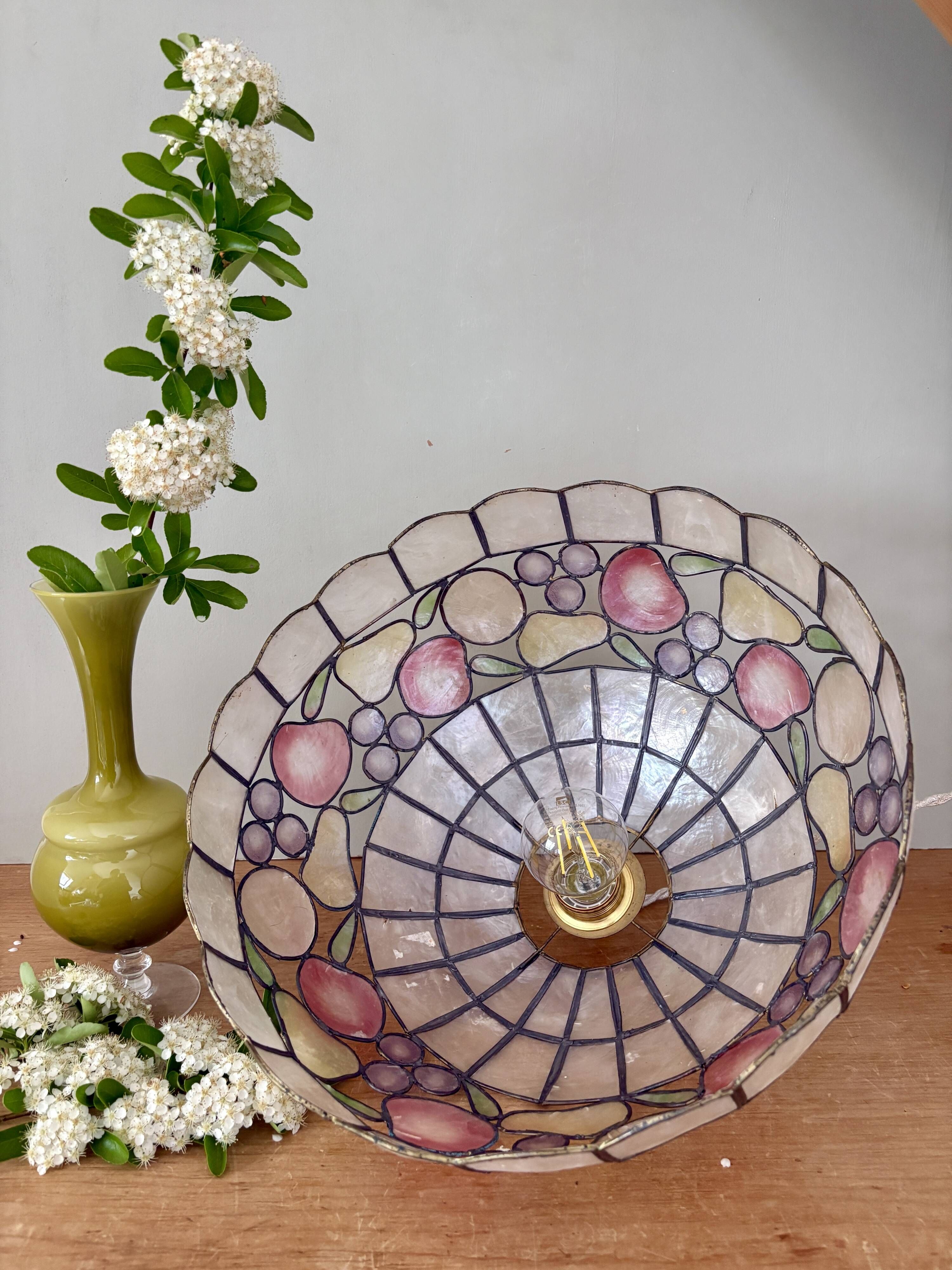 Vintage mother-of-pearl and brass pendant lampshade with fruit decorations