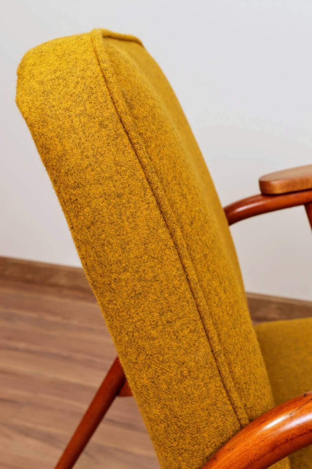 MID Century Armchair Ocher Yellow Wool, Turned Legs, 1960s