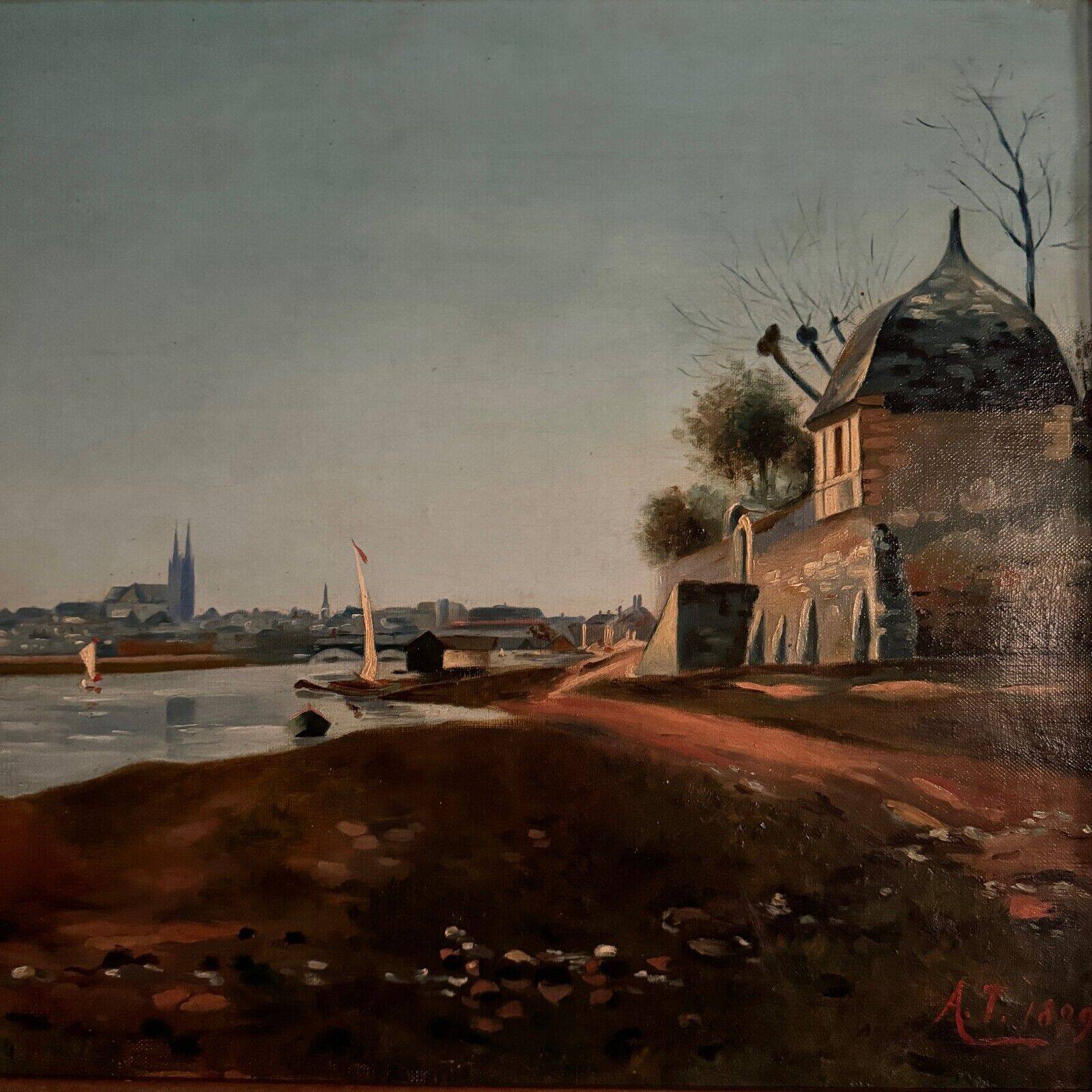 Oil on canvas riverside late 19th century monogram AT