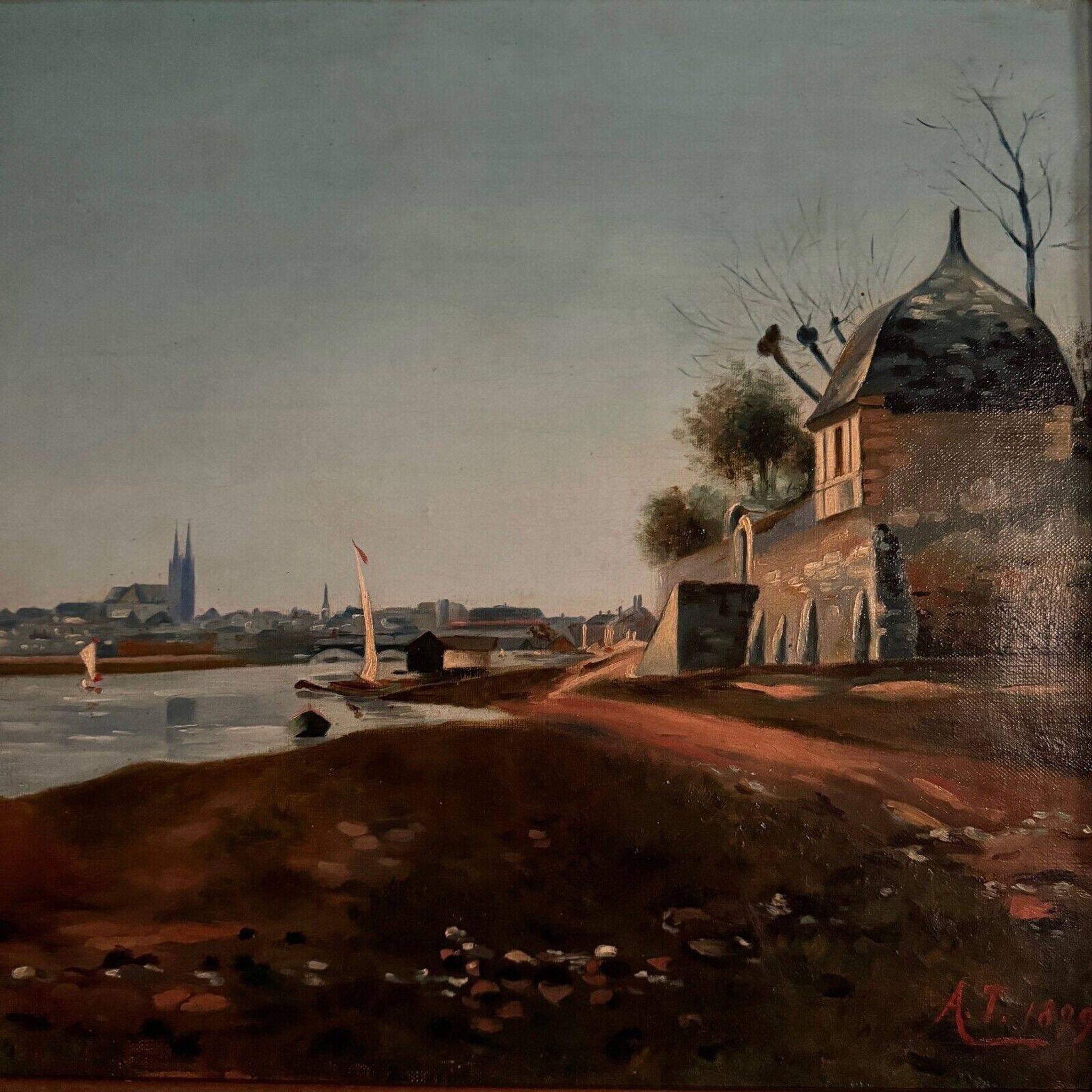 Oil on canvas riverside late 19th century monogram AT