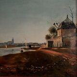 Oil on canvas riverside late 19th century monogram AT
