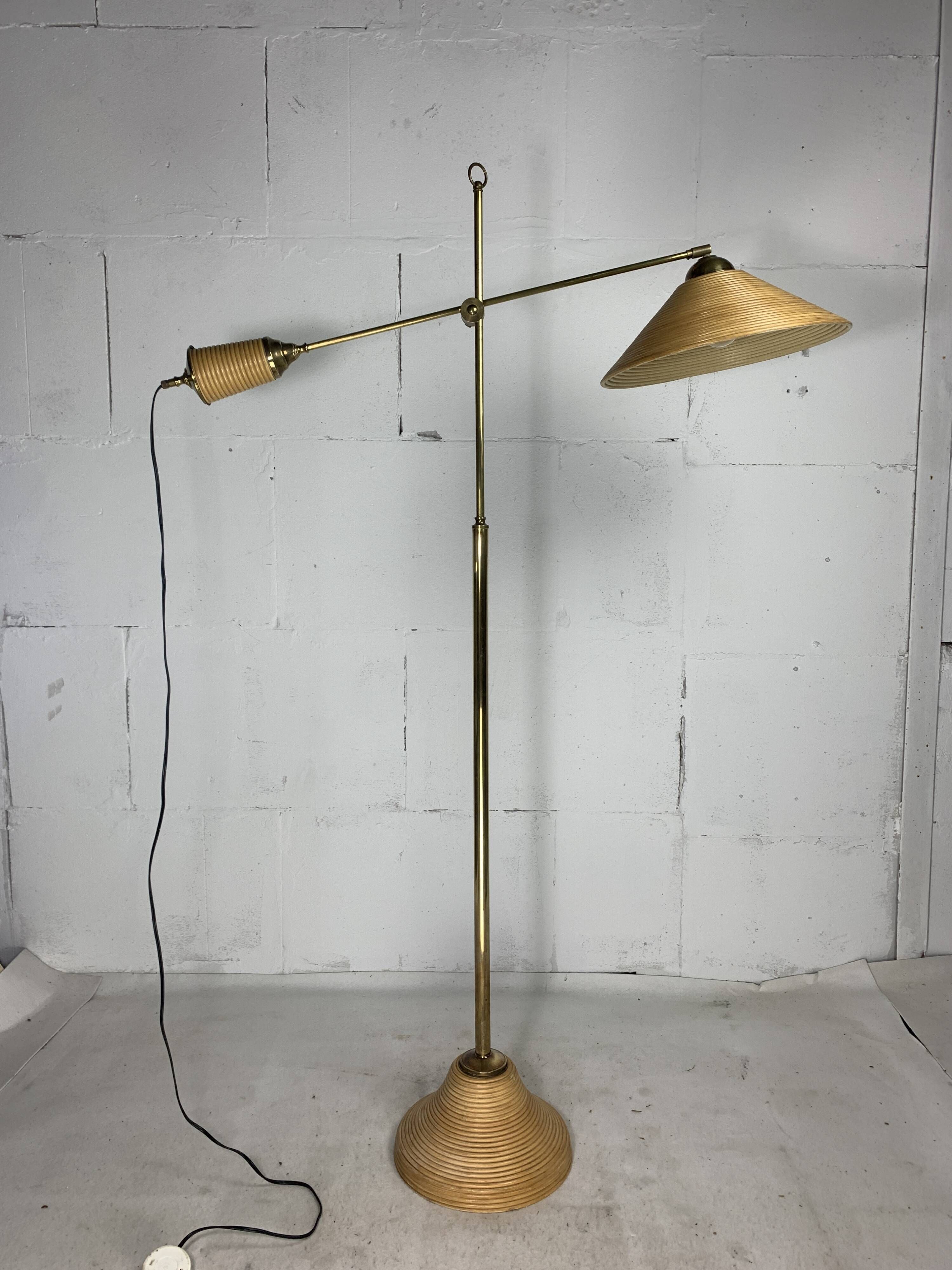 Italian adjustable floor lamp in pencil reed bamboo rattan and brass, 1970s