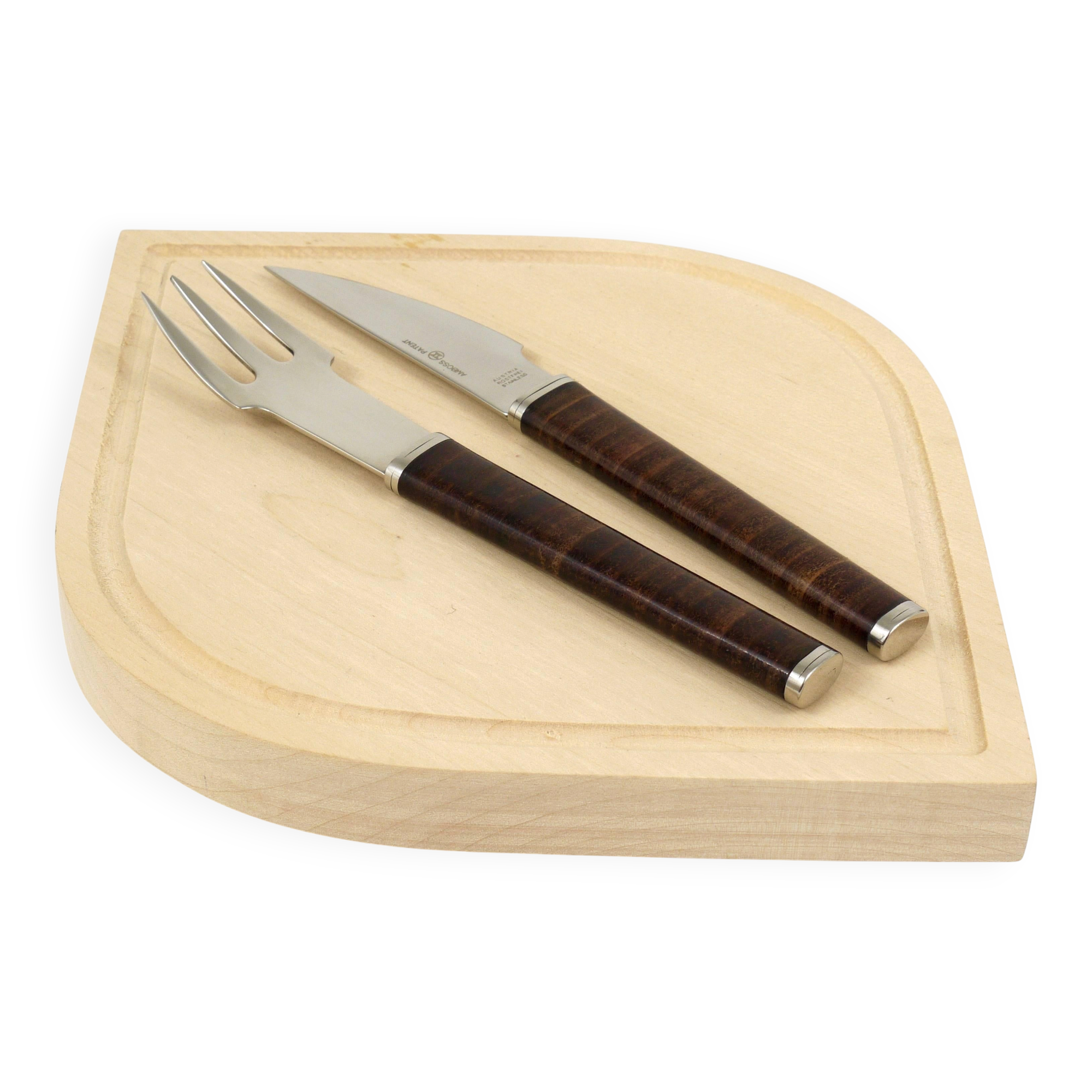 Snack set János Megyik, knife, fork and wooden board, Amboss Austria, 1970s