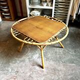 Table basse en bois et rotin, années 1960