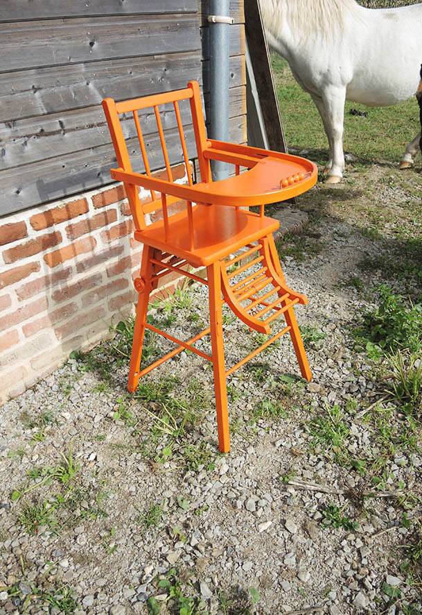 Old Baby High Chair in Orange Painted Wood