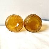 Pair of vintage amber yellow Empoli glass decanters