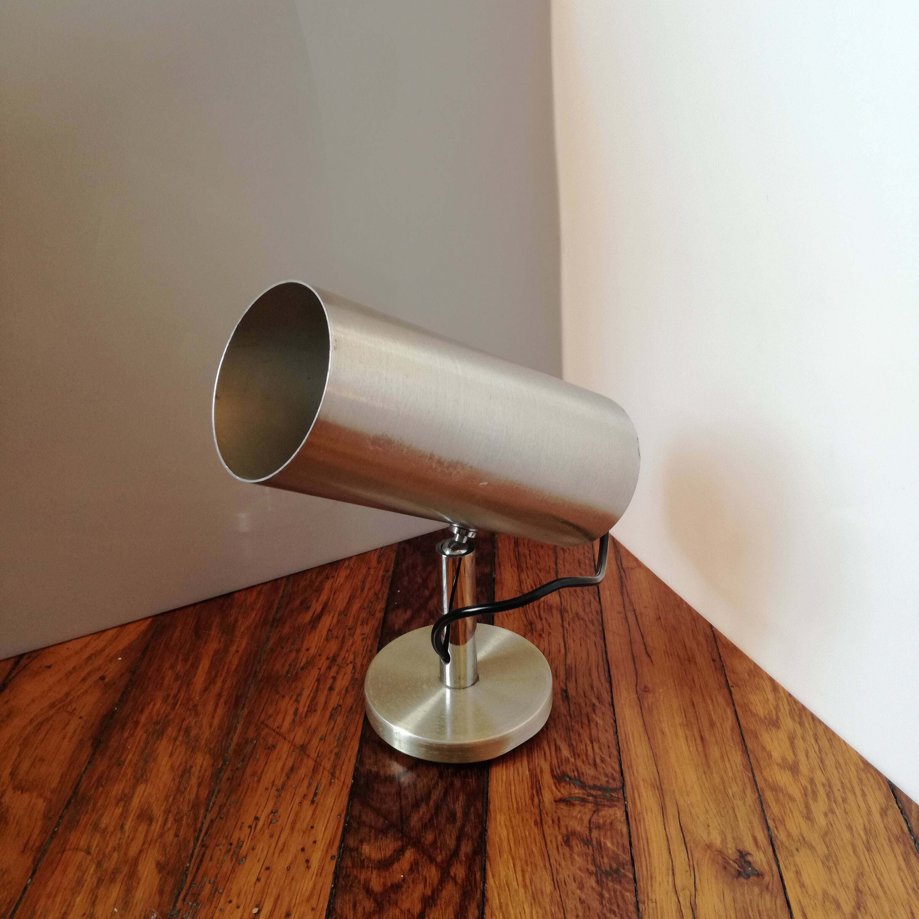 Cylindrical and adjustable wall spotlight in brushed stainless steel, 1970s