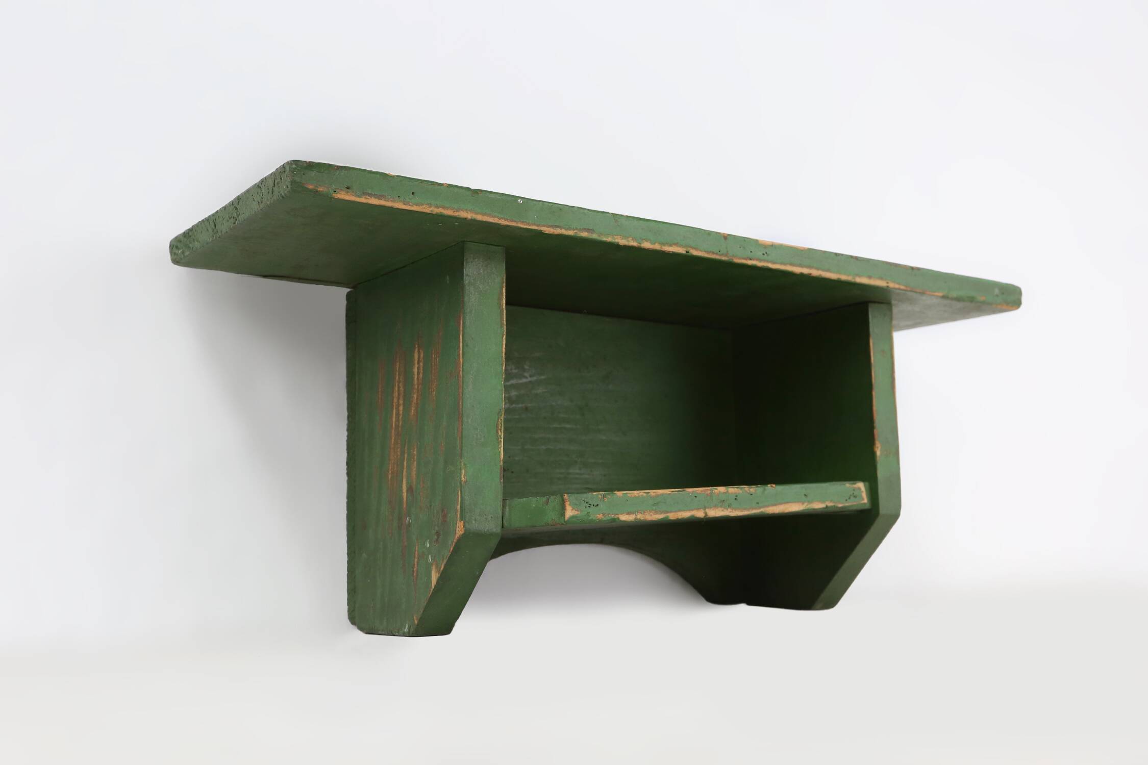 Rustic small green wooden wall unit with 2 shelfs, France ca. 1880