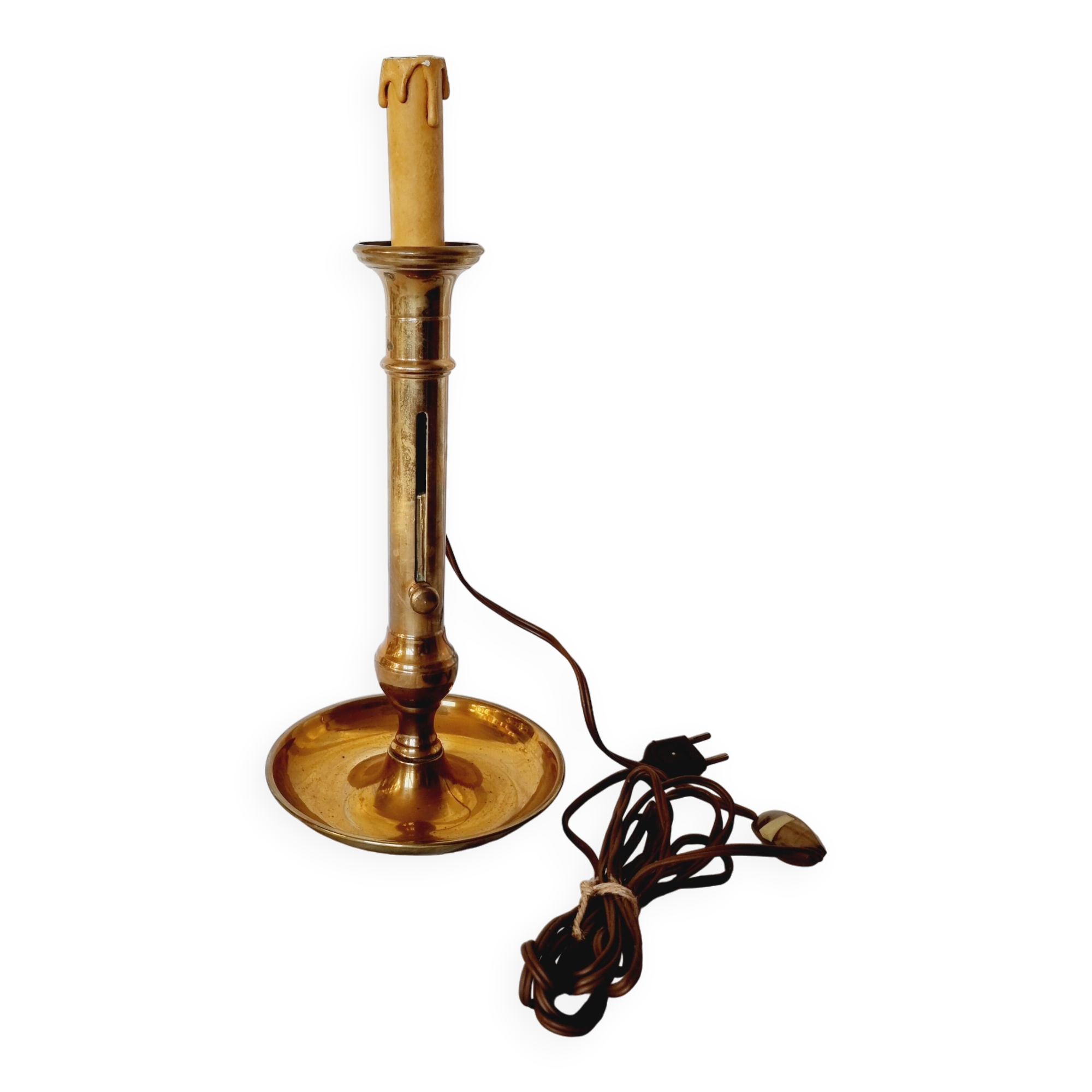 Brass table lamp made from an antique 19th century candlestick or candle holder.