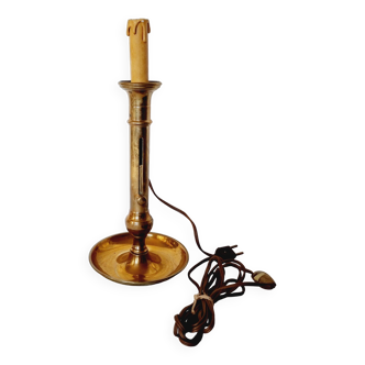 Brass table lamp made from an antique 19th century candlestick or candle holder.