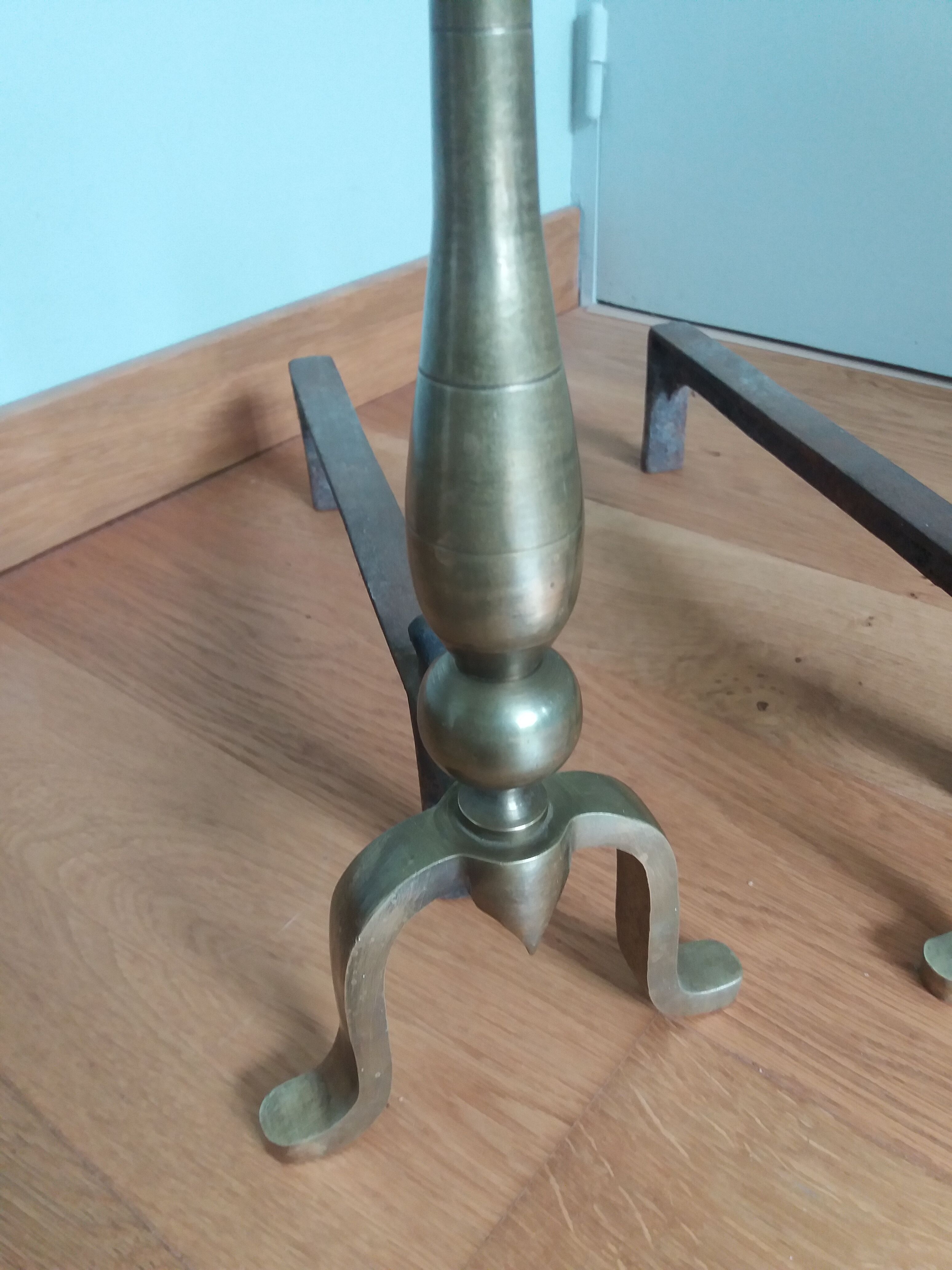 Brass or bronze andirons