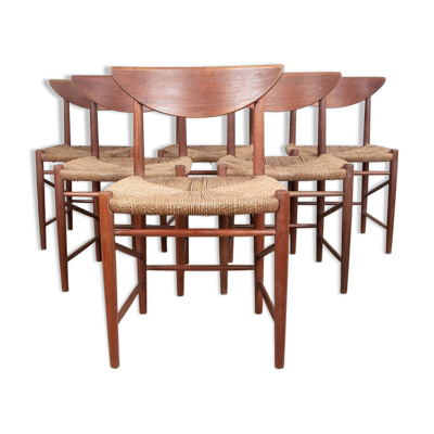 6 chaises danoises en teck et jonc de mer, modèle 316 par Peter Hvidt 1960
