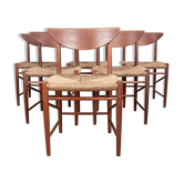 6 Danish chairs in teak and sea rush, model 316 by Peter Hvidt 1960.