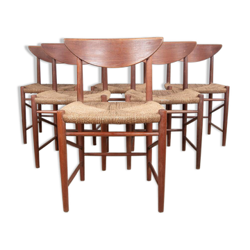 6 Danish chairs in teak and sea rush, model 316 by Peter Hvidt 1960.