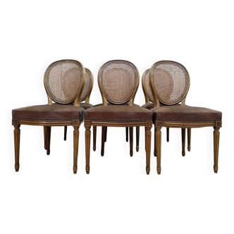 Set of 6 Louis XVI medallion chairs in wood and caning.