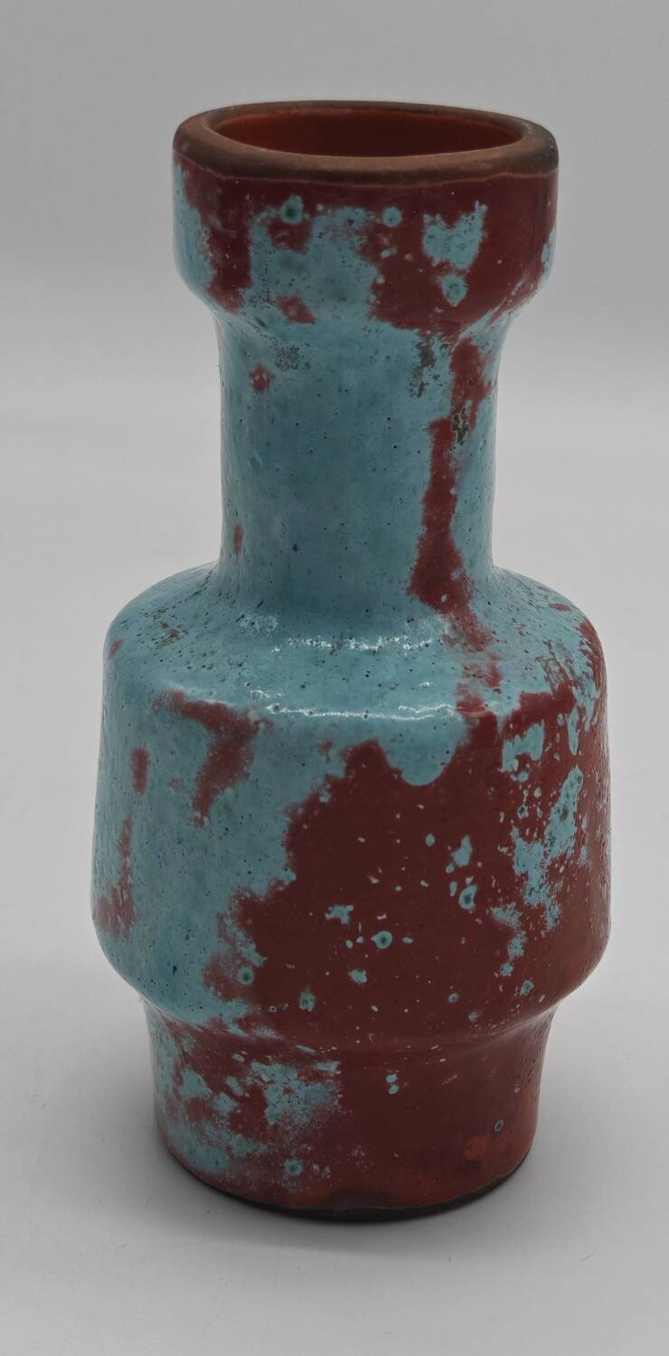 Small designer vase in oxblood red and turquoise blue