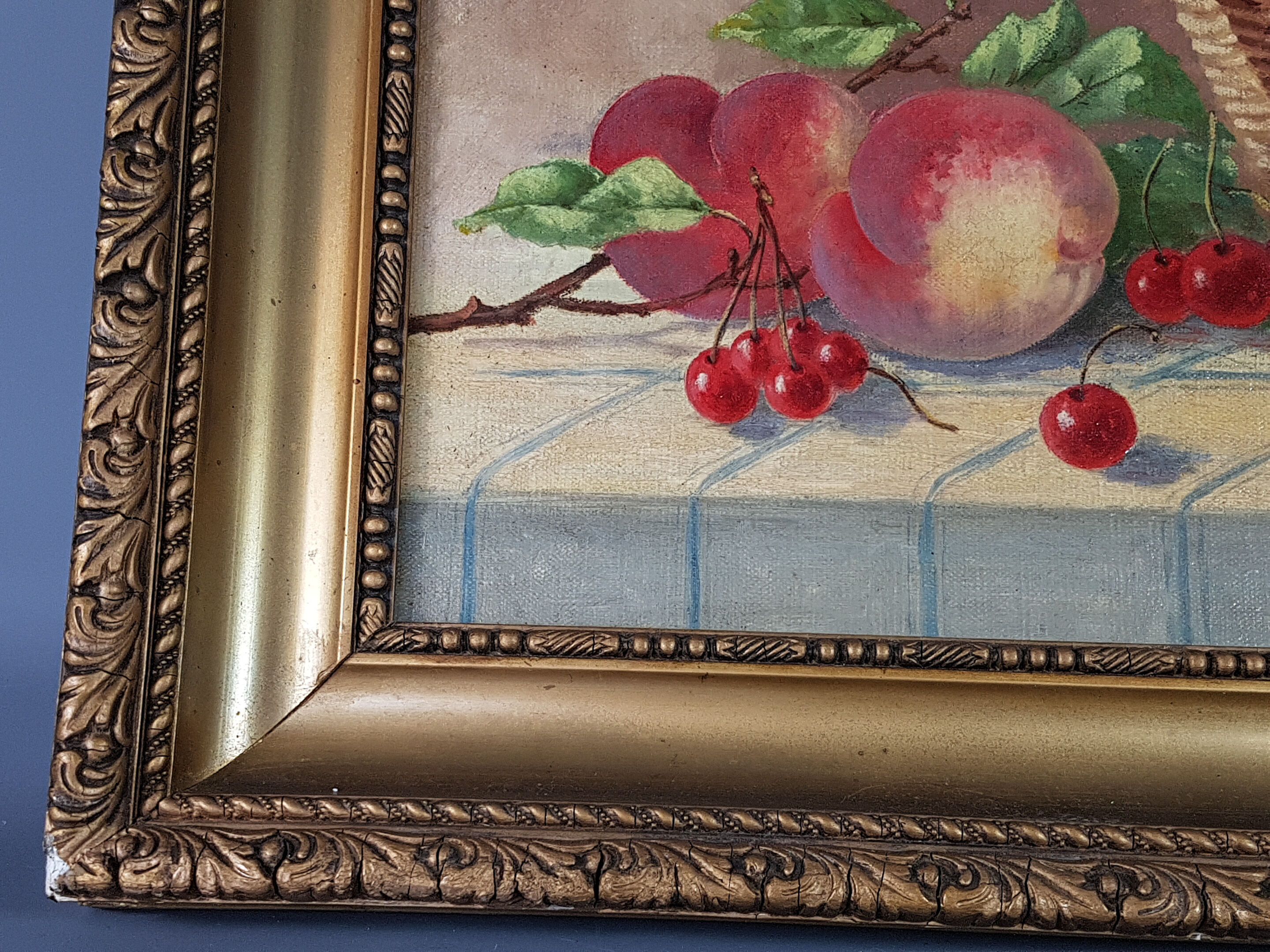 Ancient still life with cherries - peaches Oil on canvas 59x50 cm