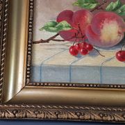 Nature morte aux cerises & pêches huile sur toile 59x50 cm