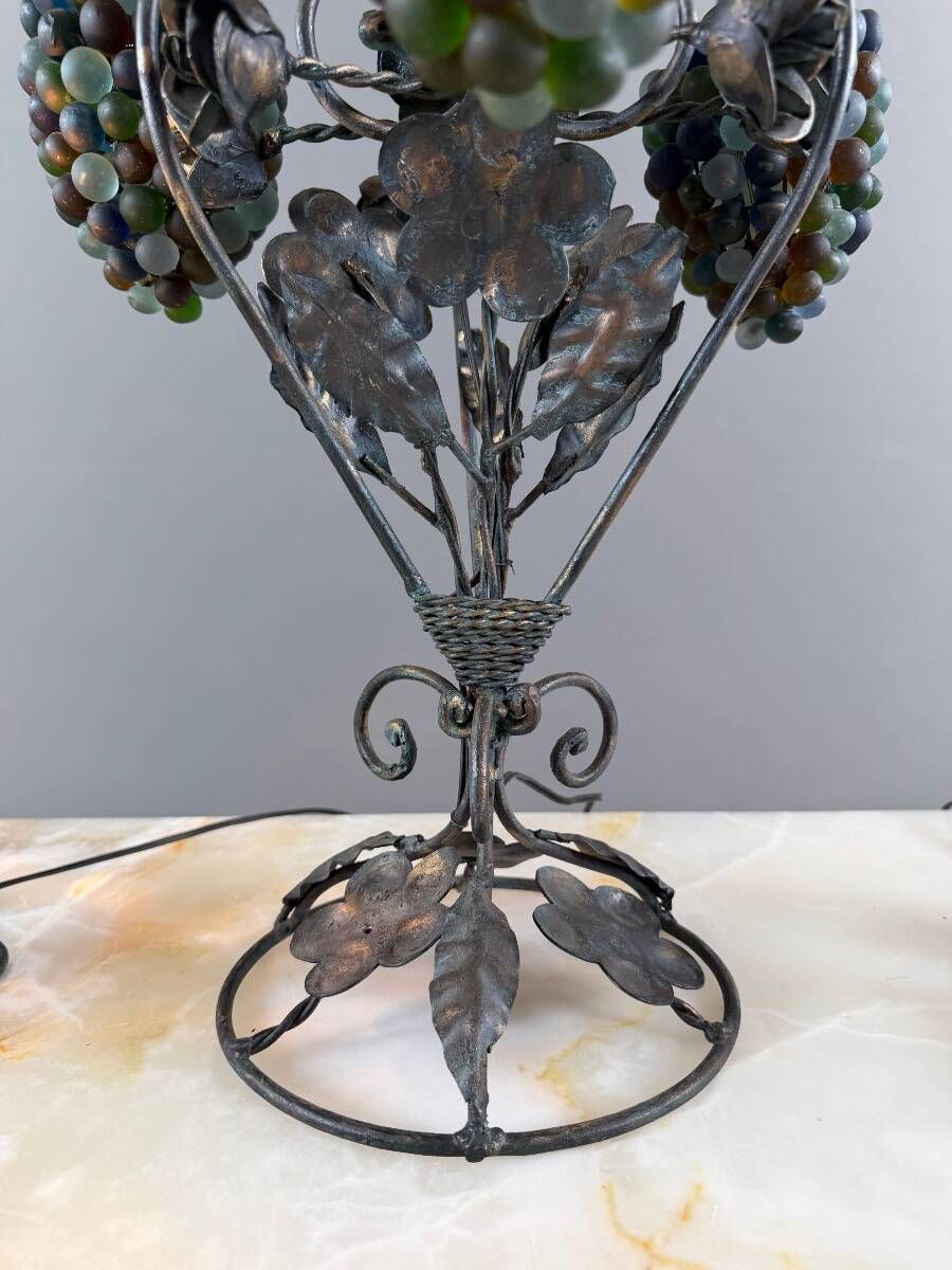 Set of three lamps in bronze and polychrome Murano glass, 20th century