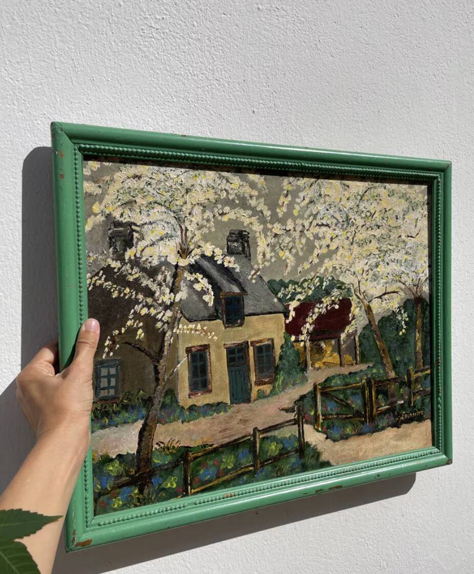 Painting of a farm in a landscape, oil on canvas with frame
