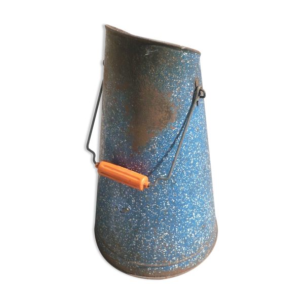 Seau à charbon en tôle émaillée bleu ancien