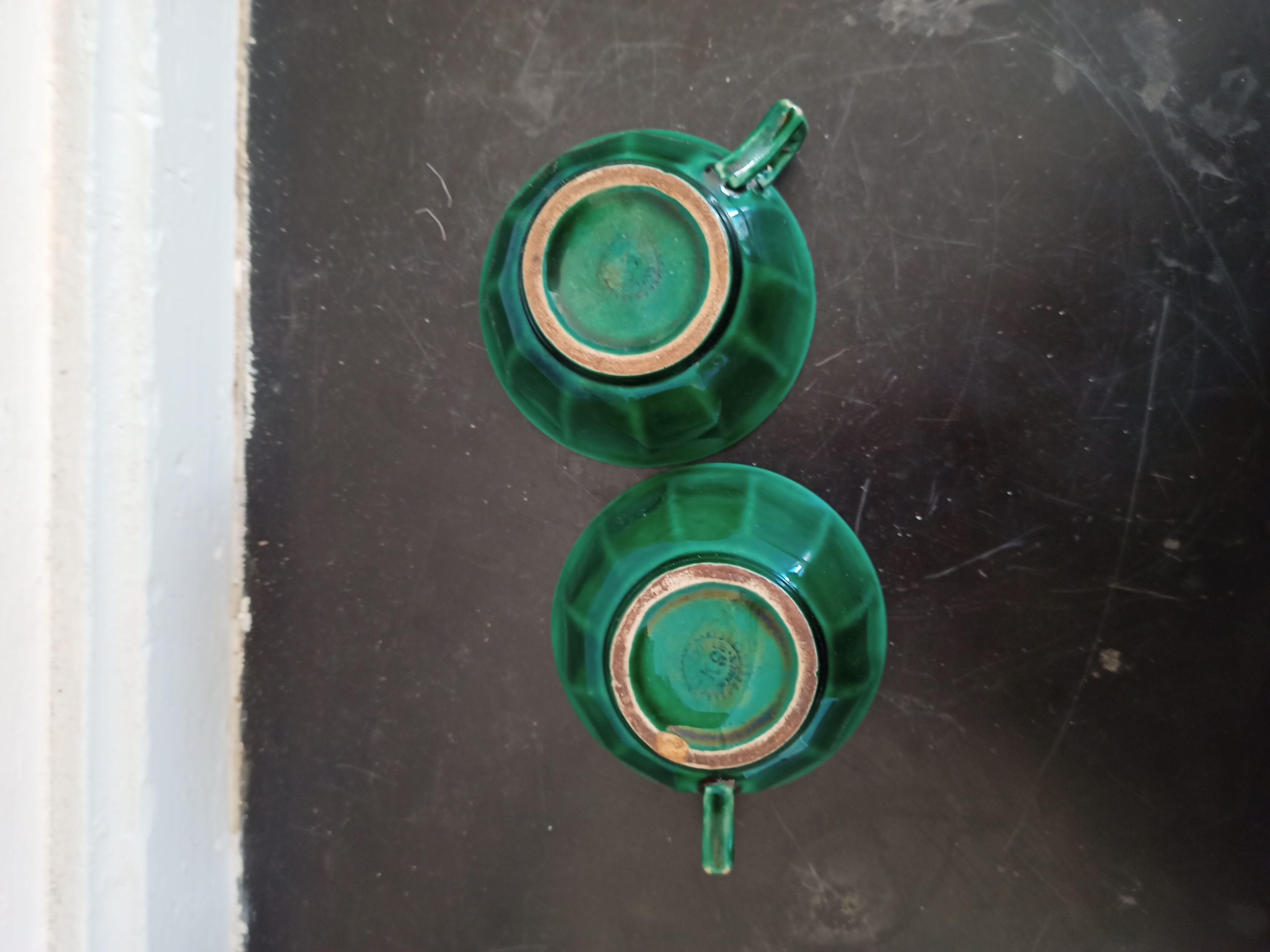 Pair of green ceramic cups K G Lunéville antique