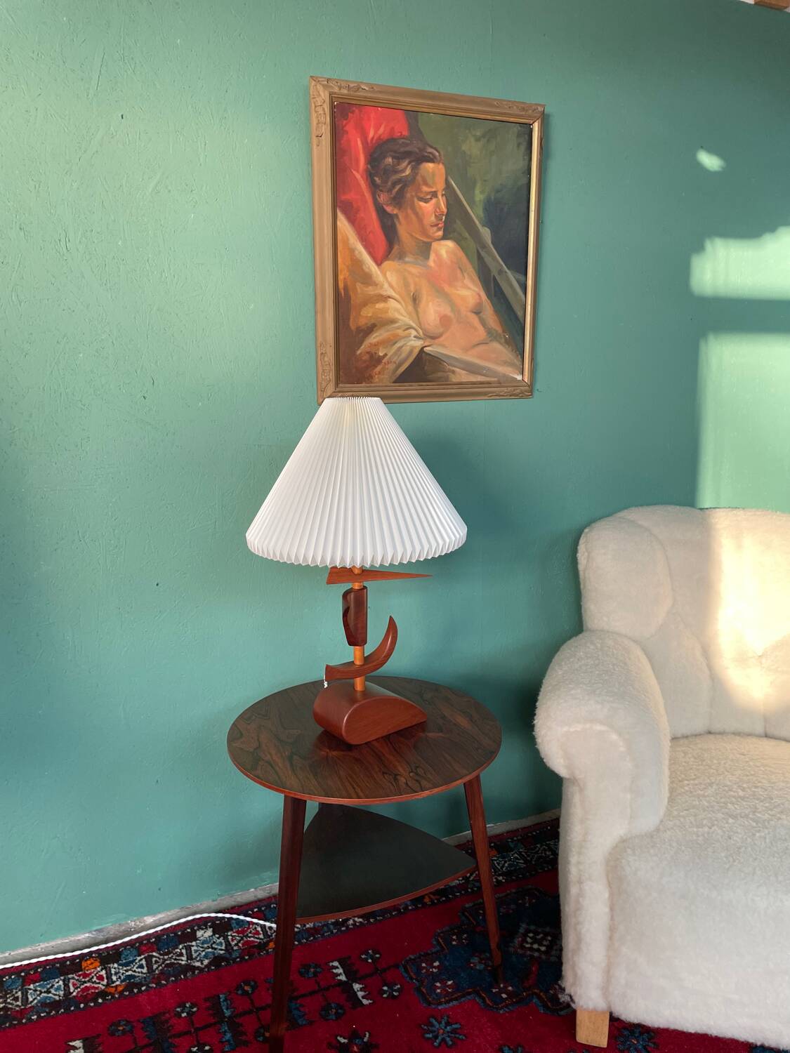 Vintage mid-century modern Danish sculptural teak table lamp