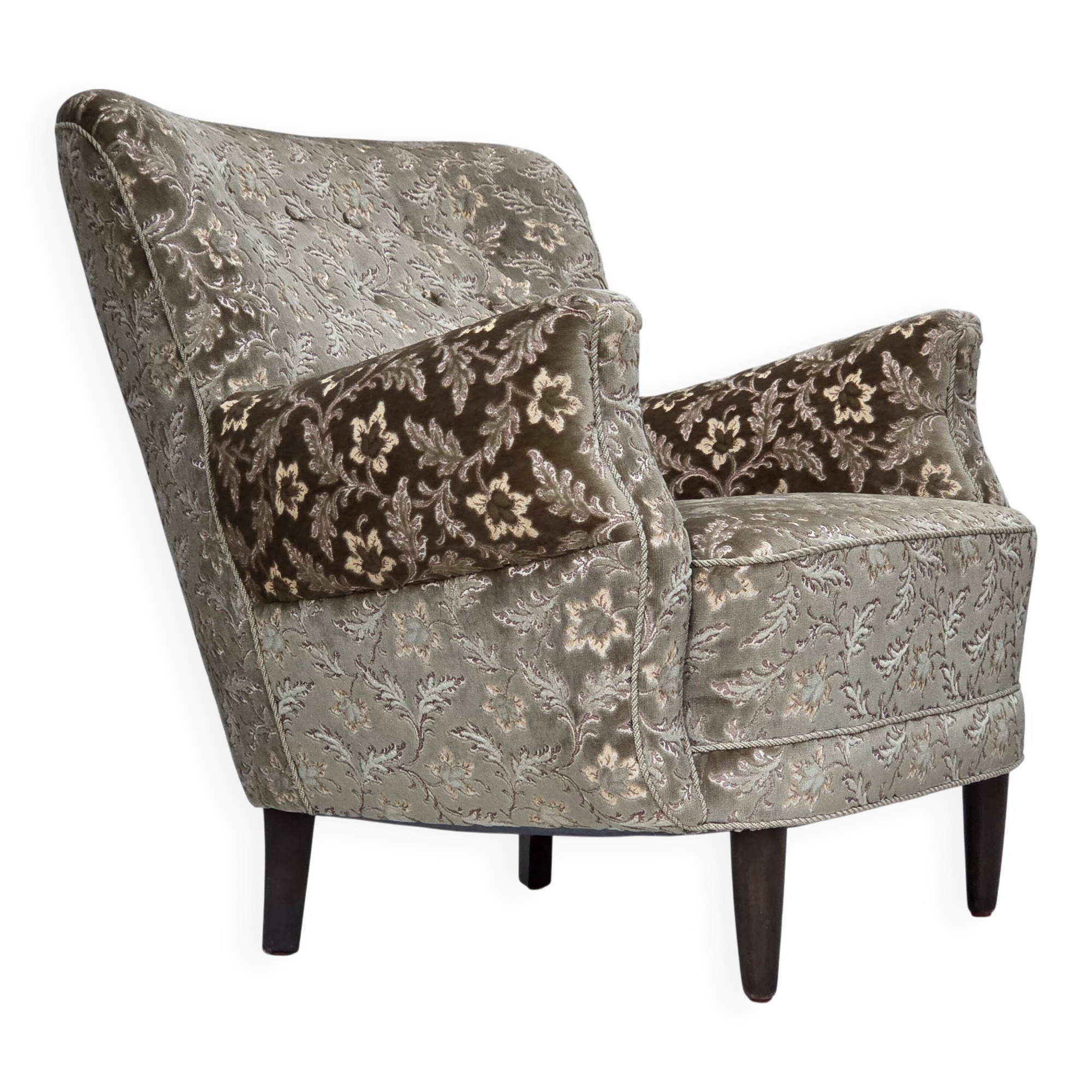 1960s, Danish armchair, light green furniture velour, teak wood legs.