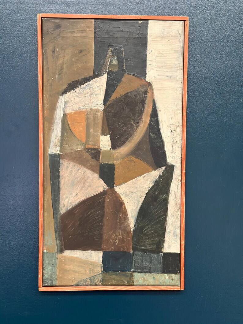 Original Swedish Oil on Canvas – "Abstrakt Komposition" by Hans Fritzdorf (1927–1990) – Vintage and Framed – 71 × 38 cm (28" × 15")