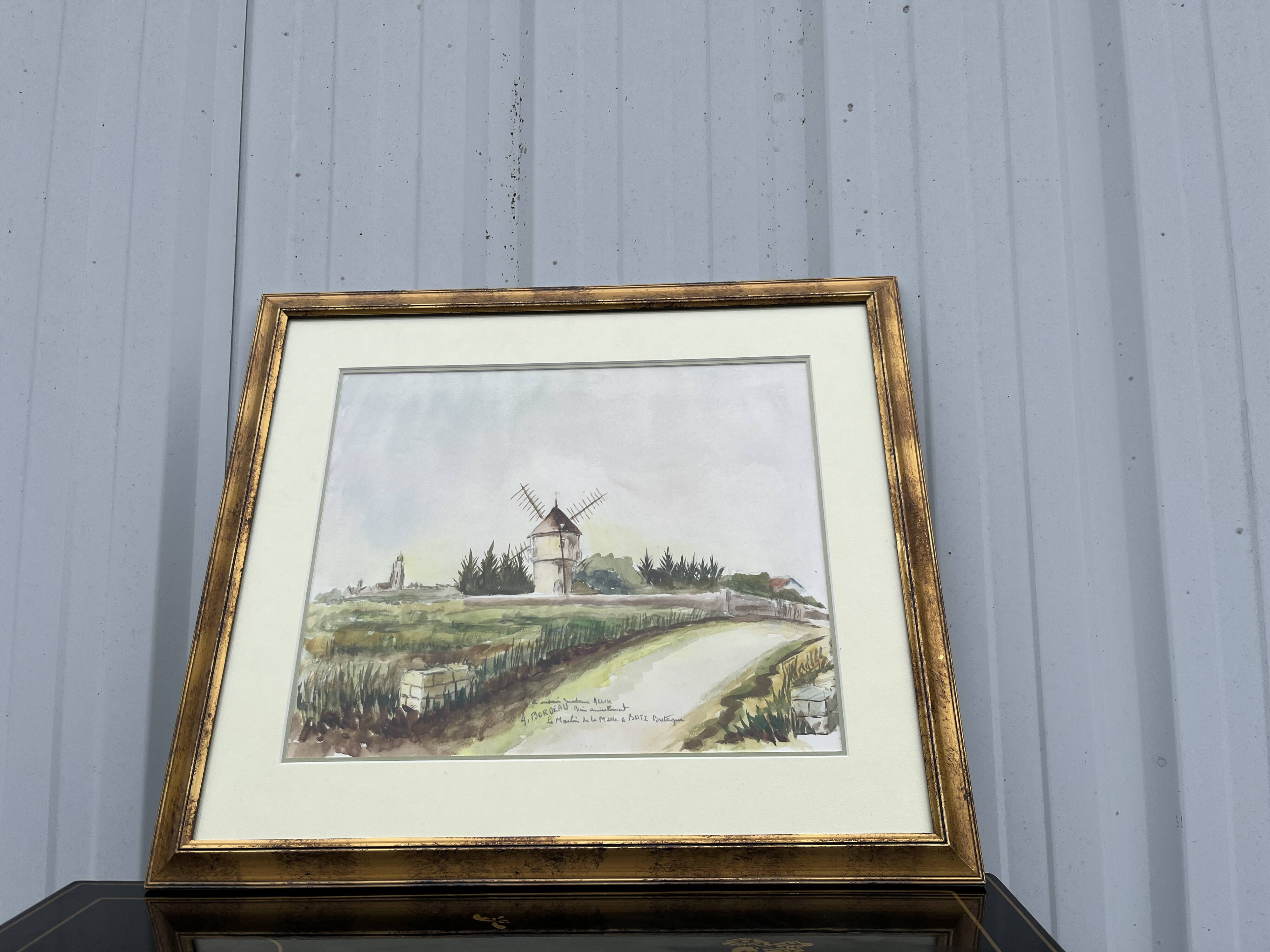 The Mill in Batz, Brittany – Watercolor signed "Bordeau"