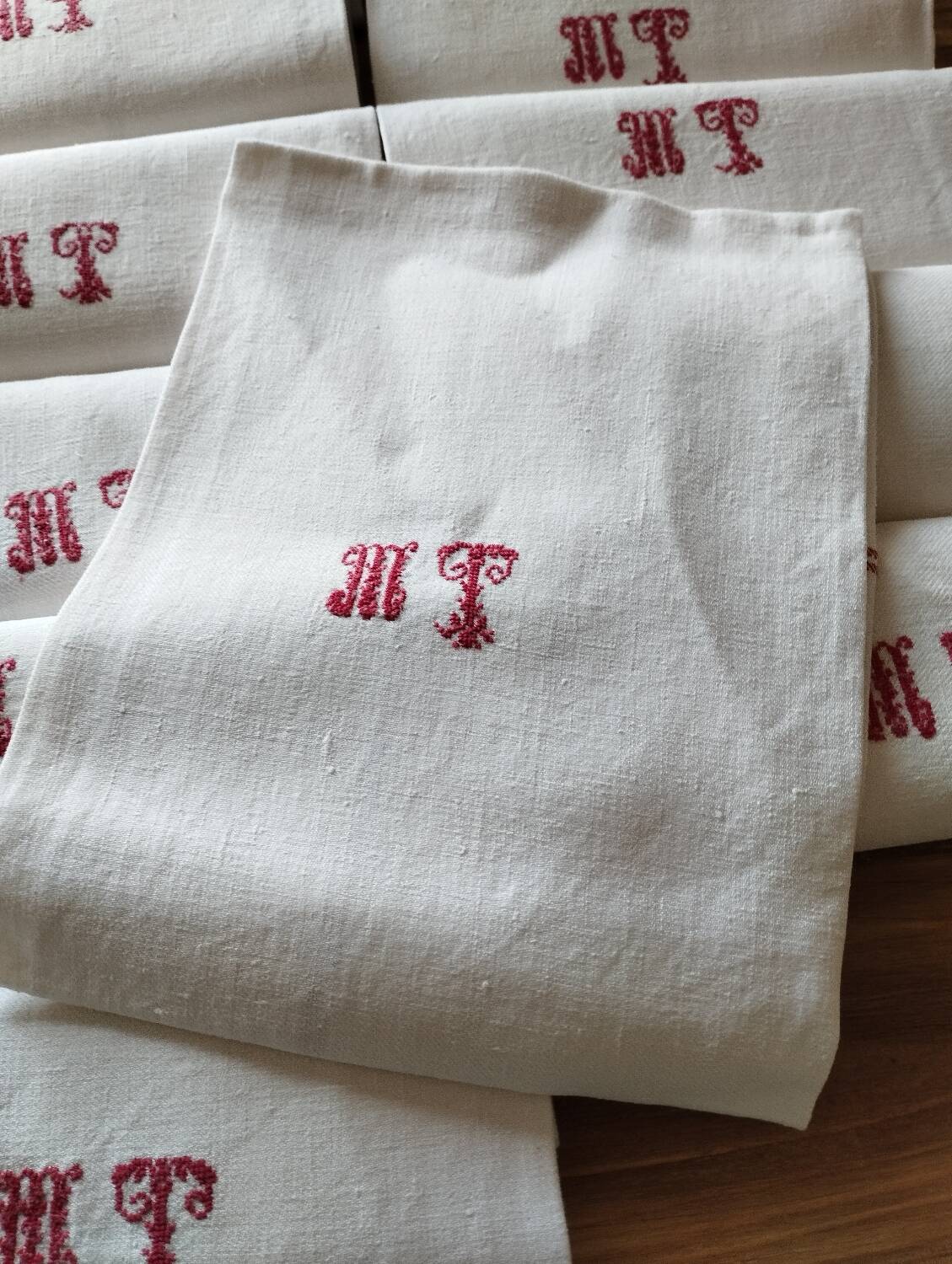 12 old shabby red tea towels monogram towel