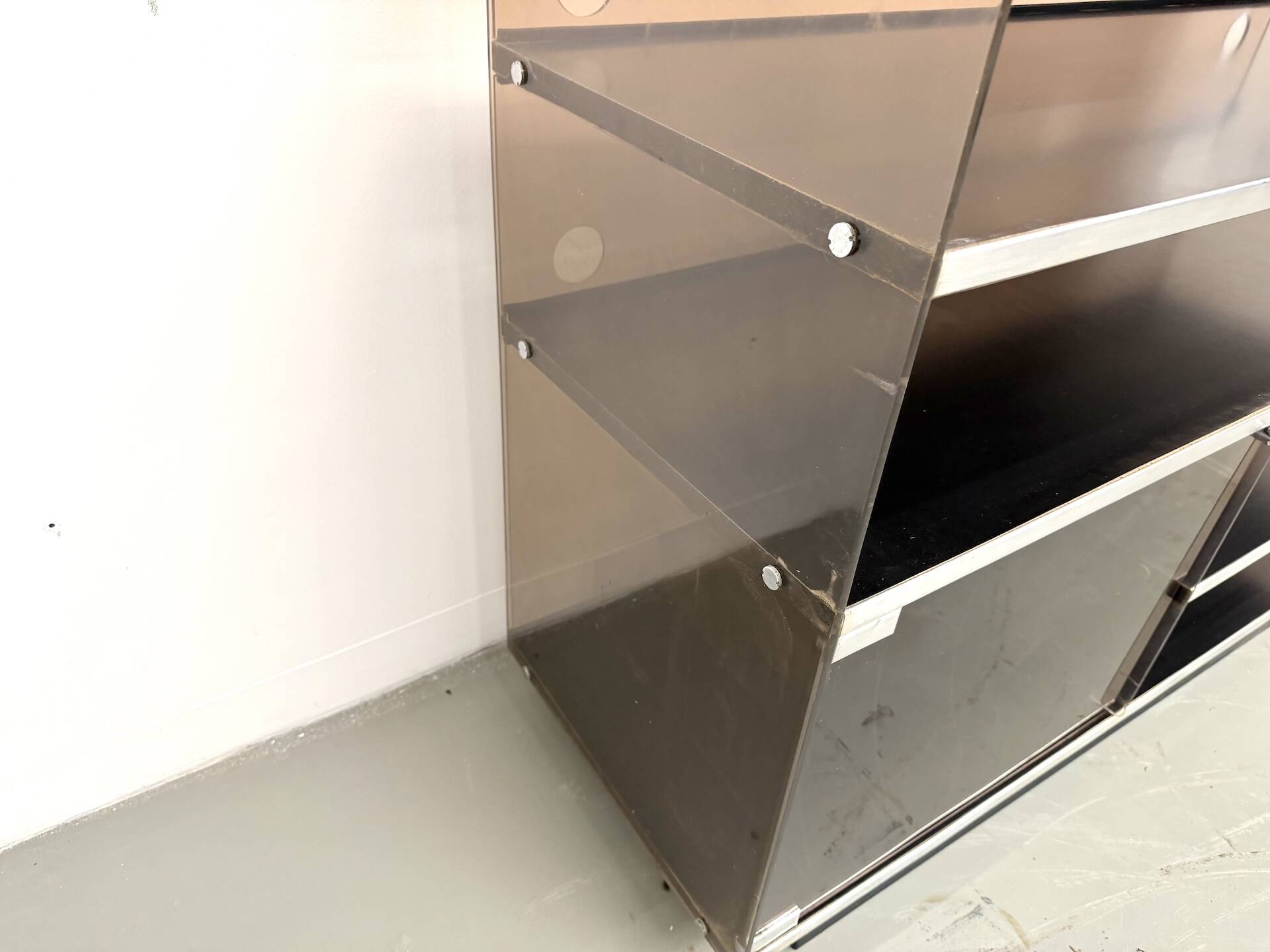 Hi-Fi furniture in smoked plexiglass and aluminium, Eric Maville