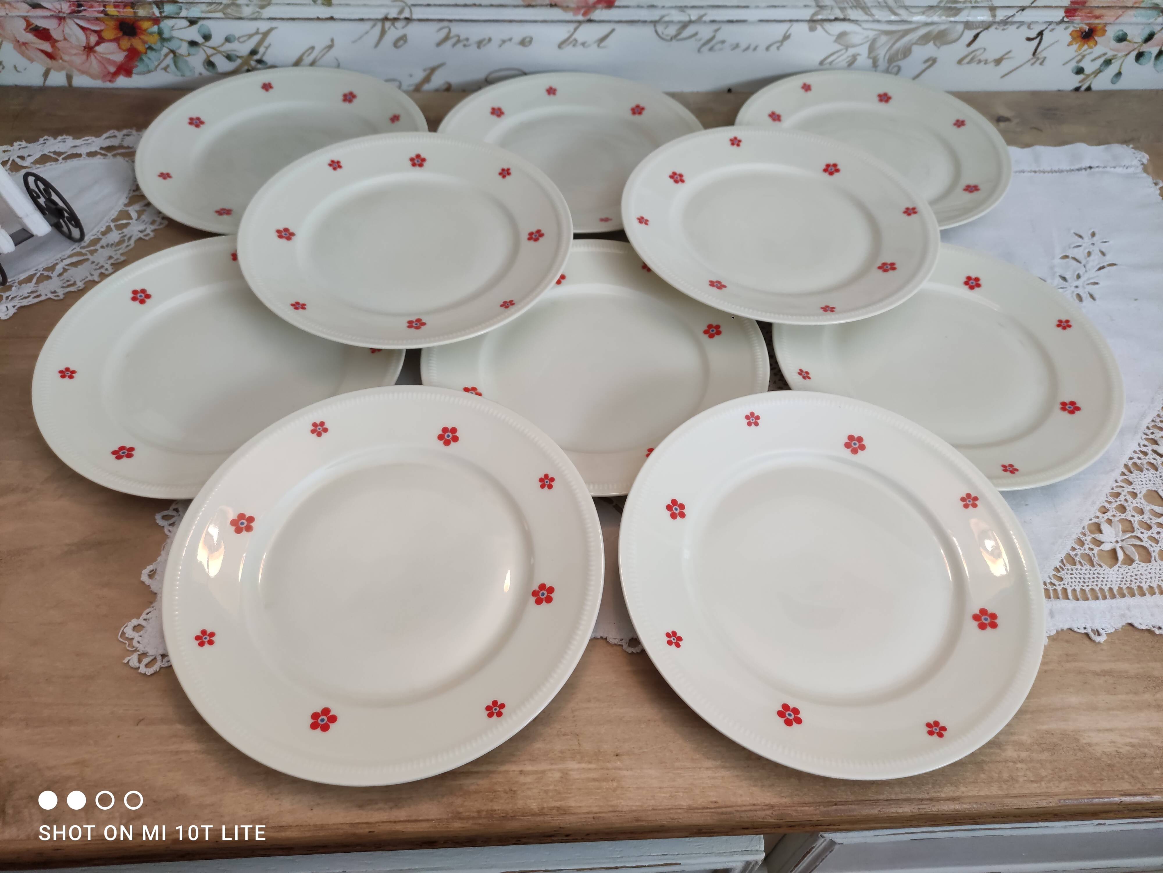 Dessert service 11 pieces in beige Bavaria porcelain with small orange flowers