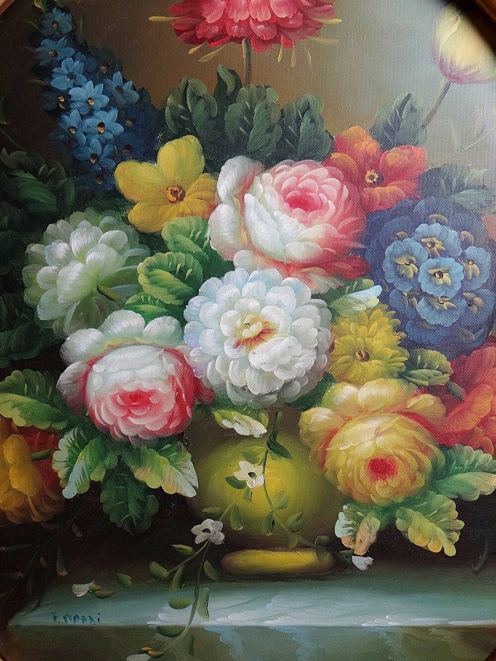 Large oil on canvas bouquet medallion wooden frame gilded stucco vintage
