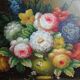 Large oil on canvas bouquet medallion wooden frame gilded stucco vintage
