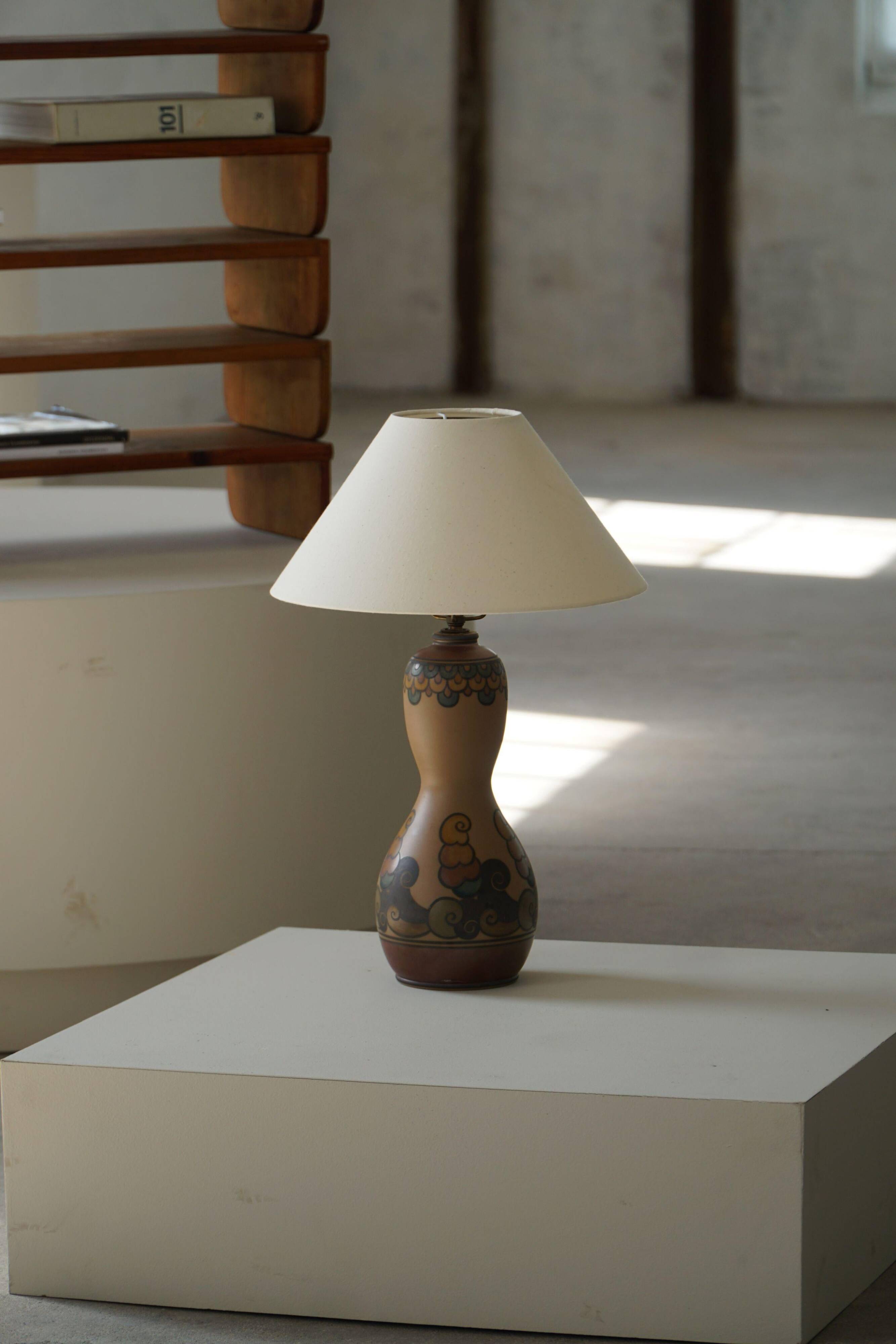 Terracotta table lamp, Art Nouveau, L. Hjorth, Bornholm, Denmark, 1930s