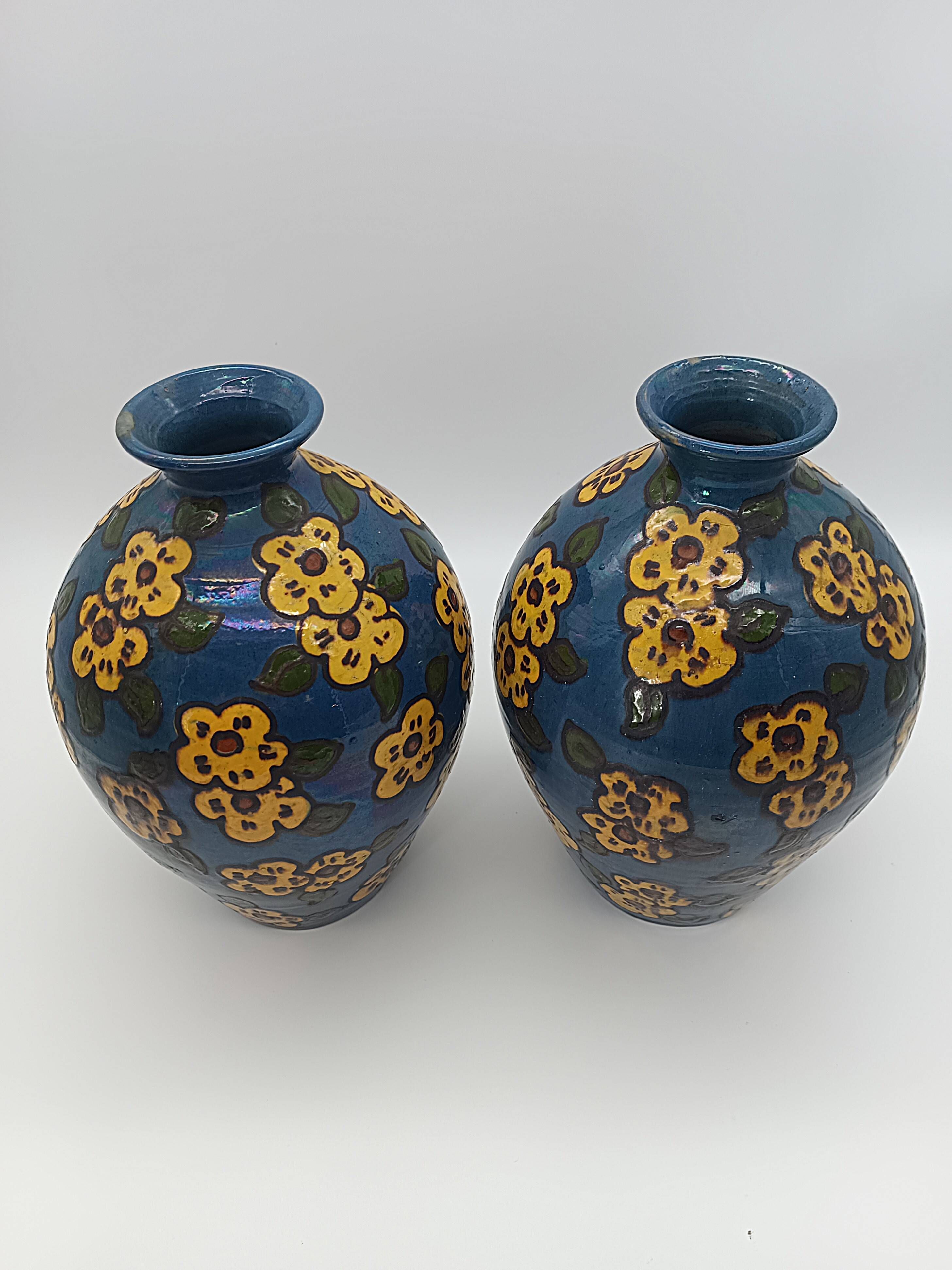 Pair of Large Art Deco Vases Émile Simonod H28cm Glazed Ceramic Blue