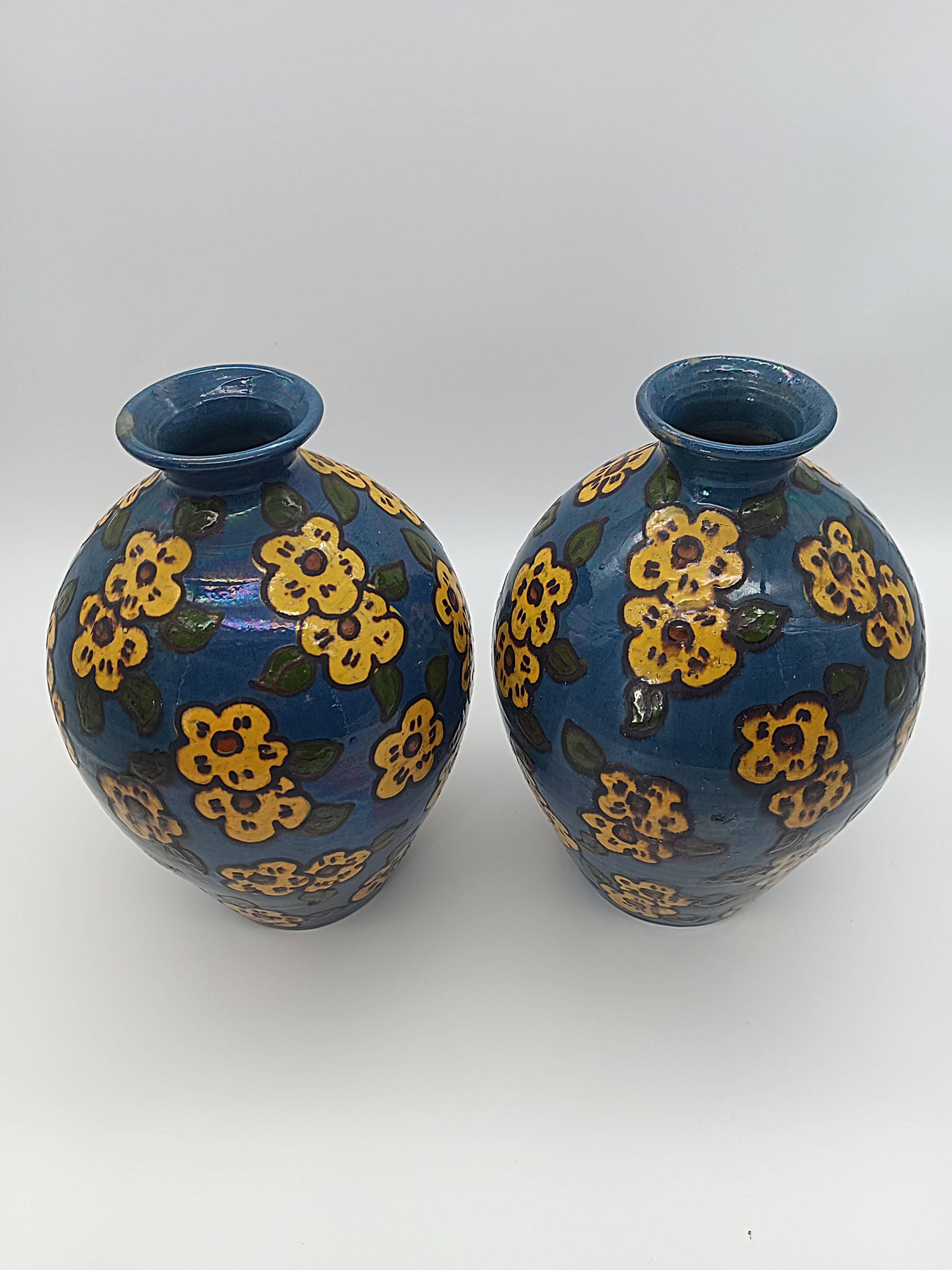 Pair of Large Art Deco Vases Émile Simonod H28cm Glazed Ceramic Blue
