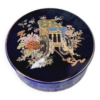 Cobalt Blue Japanese Porcelain Jewelry Box and oriental engraving.