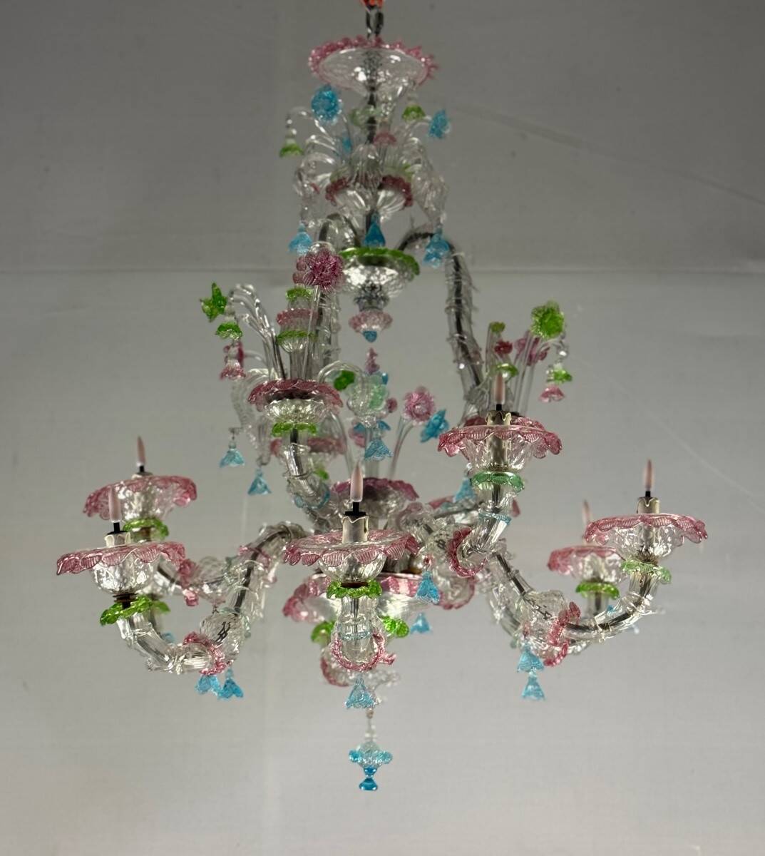 Rezzonico Venetian chandelier in multi-colored Murano glass, 9 light arms, circa 1940