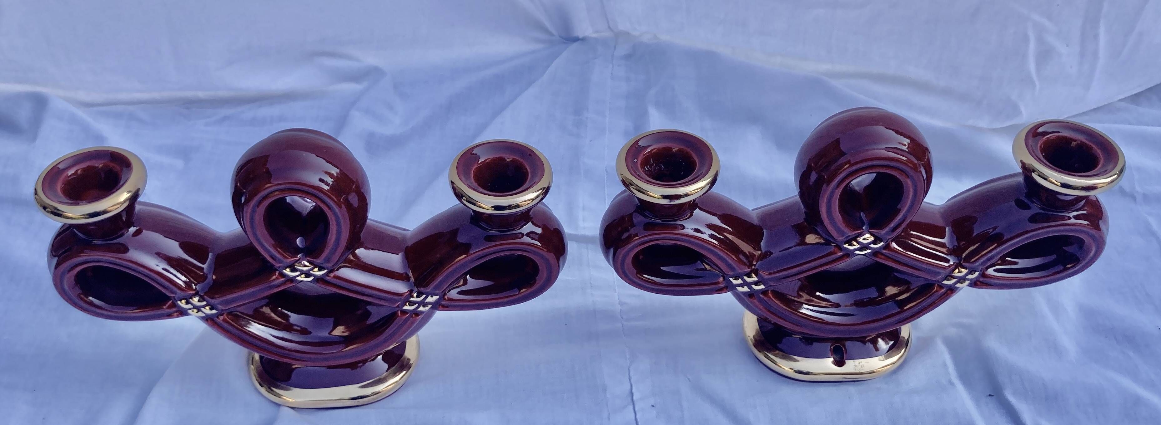 Double Candle Holder Vallauris Vintage Red Burgundy Ceramic Massier Style