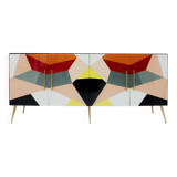 Mid-Century Italian Sideboard, Colorful Glass and Brass, Geometric Design.