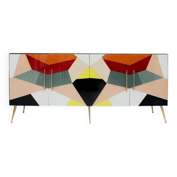 Buffet italien des années 50, en verre coloré et laiton, design géométrique.