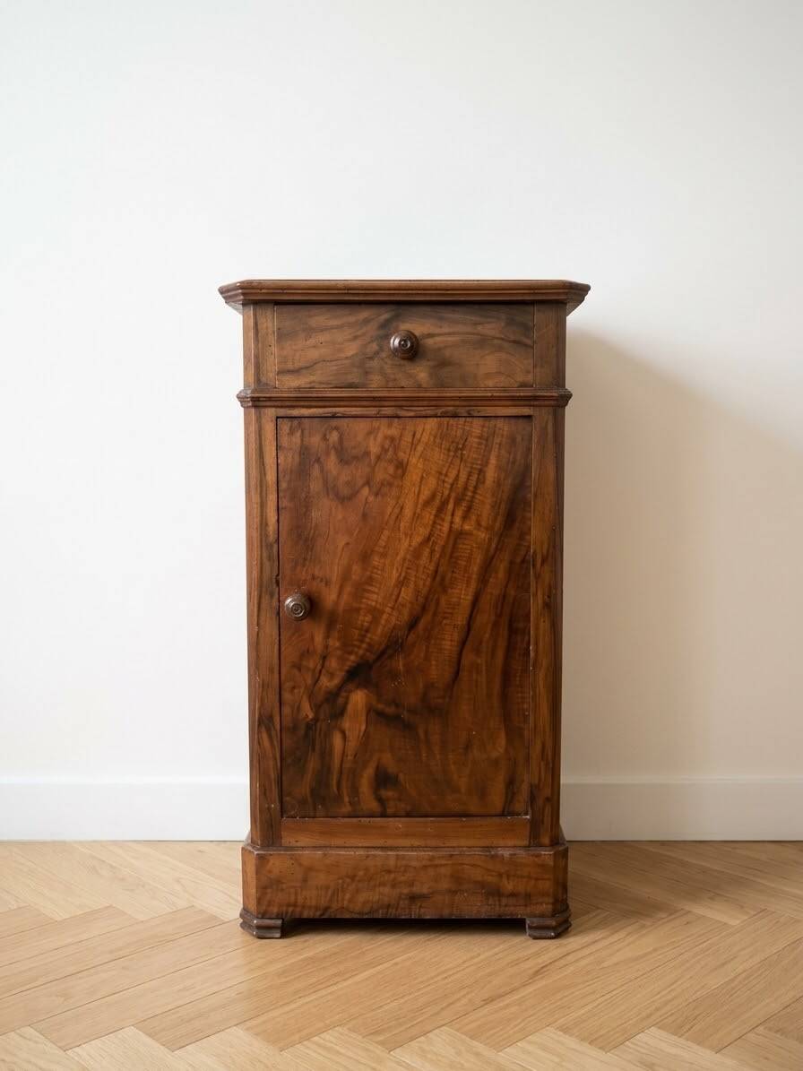Antique bedside table in solid walnut