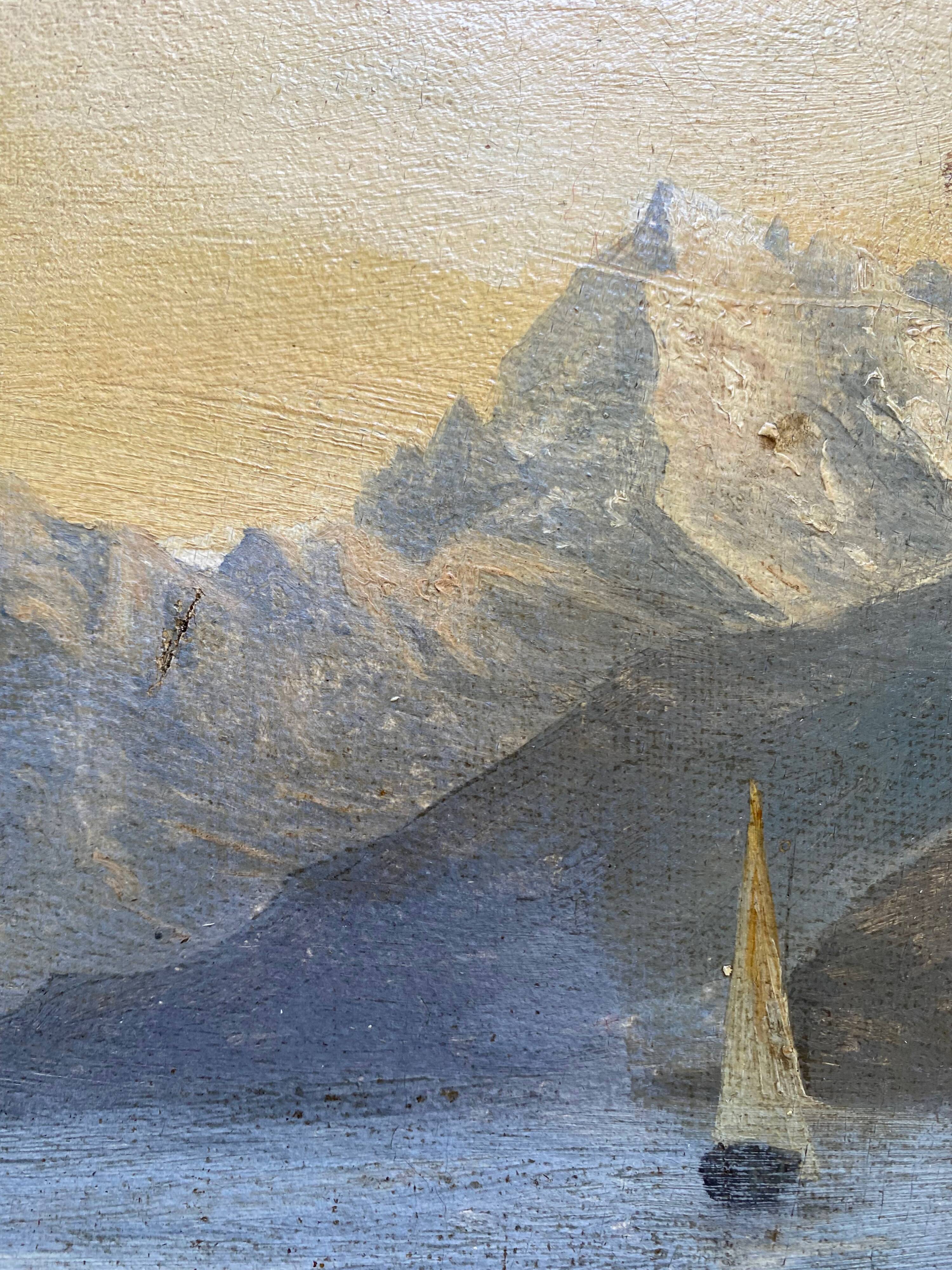 Marine painting "animated lake landscape" HST Italy Switzerland? Nineteenth century