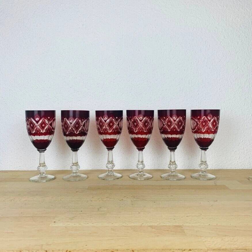 6 antique red Bohemian crystal wine glasses.
