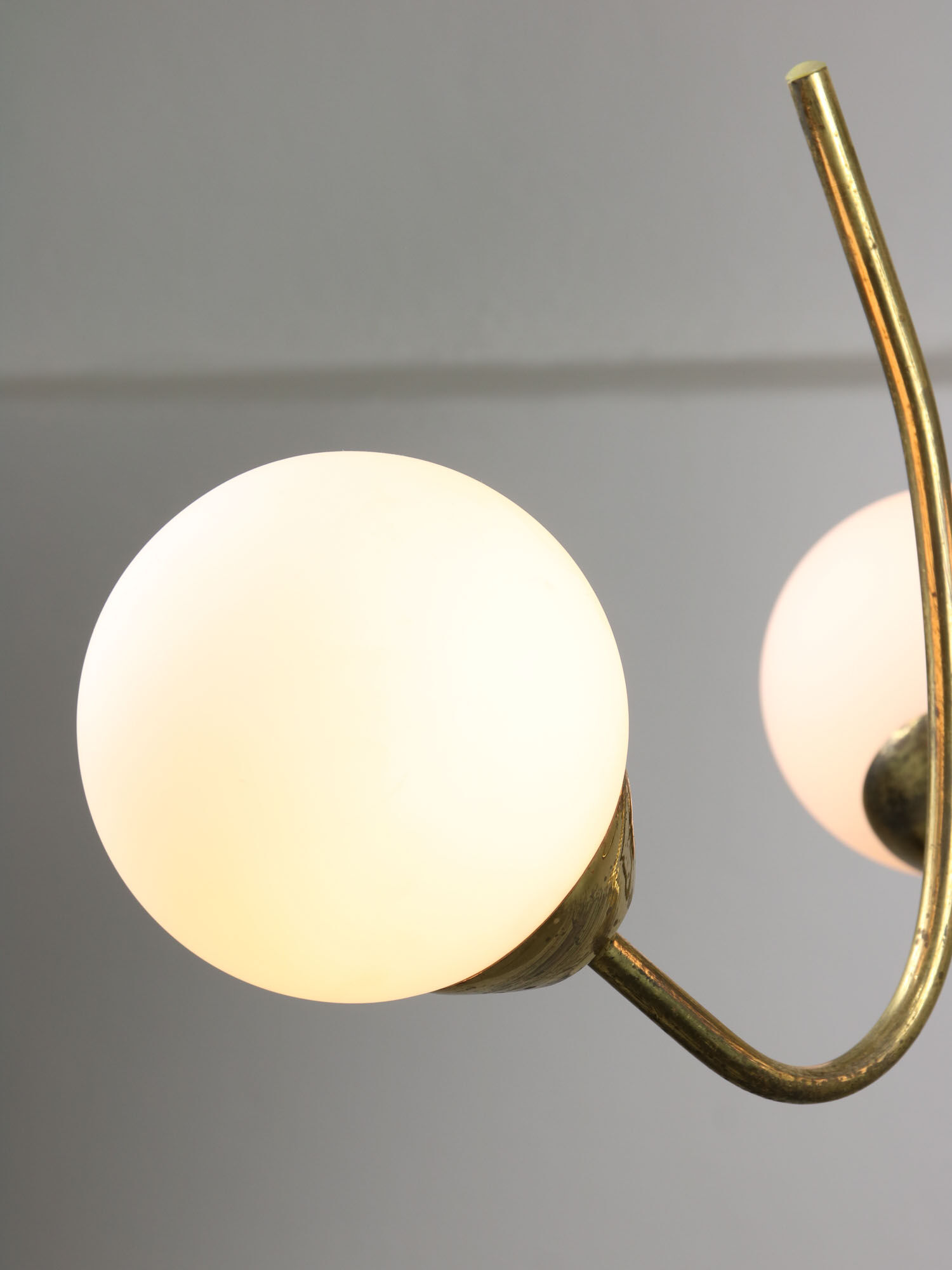 Italian Mid-century Brass and Opaline Glass Chandelier